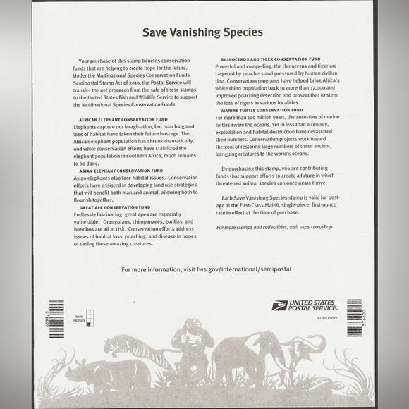 100 Save Vanishing Species Tigers Tiger USPS 2011 Forever Postage Stamps Stamp - Picture 2 of 5